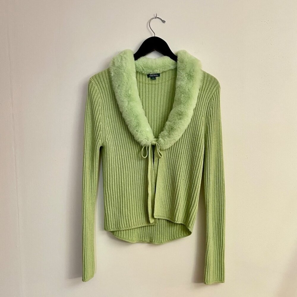 Chic Wild Fable Mint Green Faux-Fur Trim Tie-Front Cardigan (Y2K), Size L - Picture 2 of 5